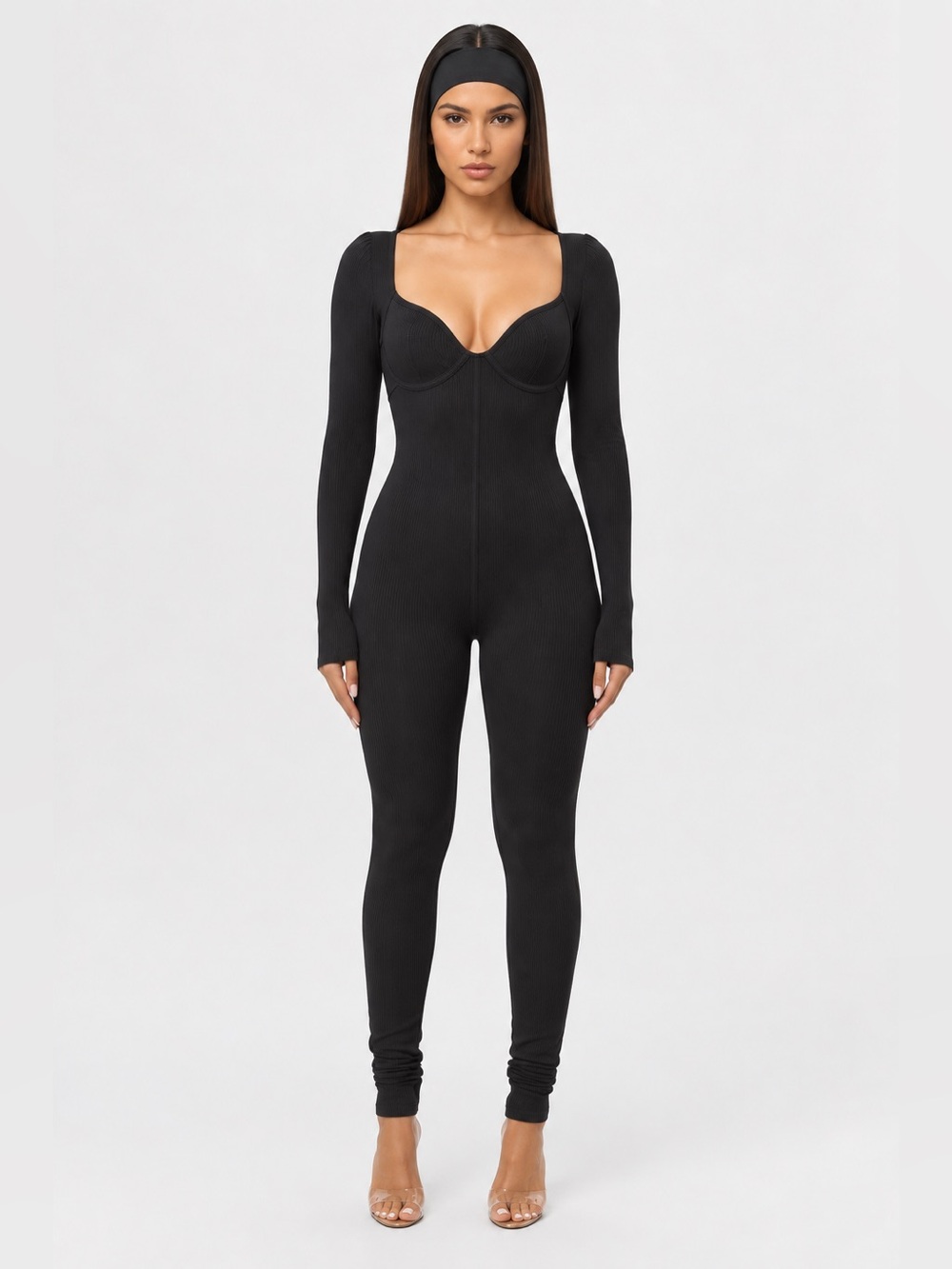 Naked Wardrobe Snatched Sweetheart Long Sleeve Jumpsuit Black